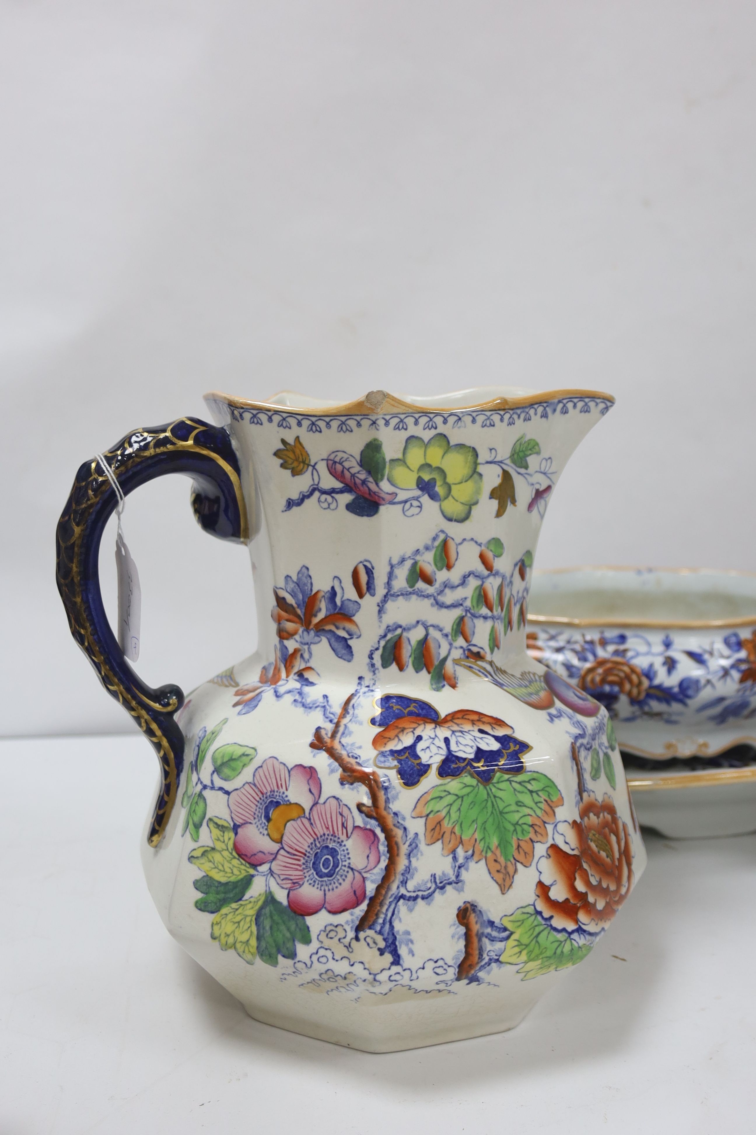 A19th century Ironstone meat platter, jug and 2 tureens, meat platter 48 cms wide.